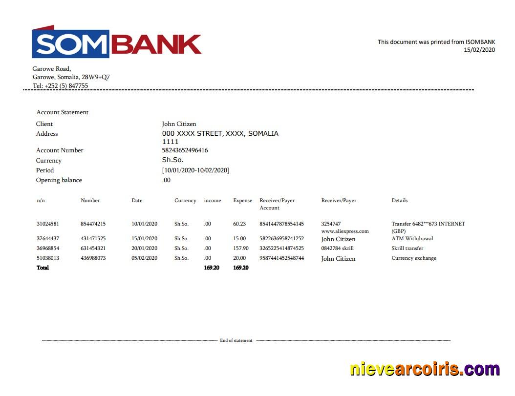 Somalia Sombank bank statement in Word and PDF format
